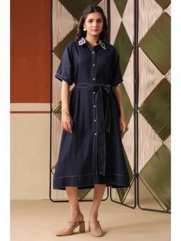 Scakhi - Indigo Cotton Blend Embroidered A-Line Dress