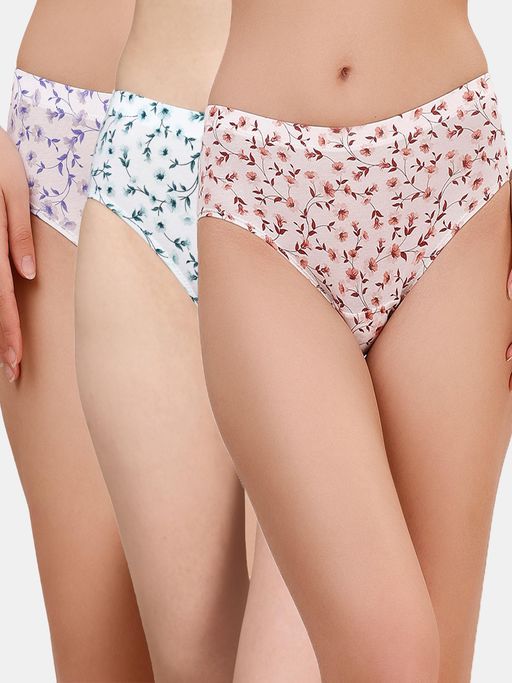 SOIE Womens High Rise Full Coverage Printed Stretch Cotton Hipster Panty (Pack of 3)