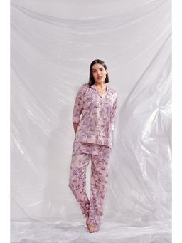 Velure - Pink Floral Print Satin Night Suit (Set of 2)