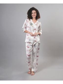 Velure - Cream Disty Floral Print Satin Night Suit (Set of 2)