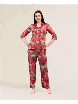 Velure - Red Fusion Abstract Print Satin Night Suit (Set of 2)