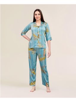 Velure - Green Vintage Floral Satin Print Night Suit (Set of 2)