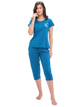 Juliet - Womens Printed Premium Cotton T-Shirt with Capri - Blue (Set of 2)