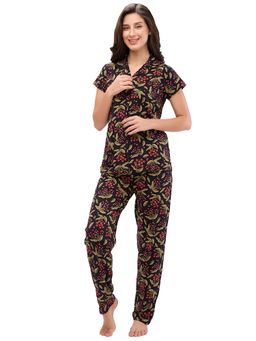 Juliet - Womens Printed Premium Cotton Shirt with Pyjama - Black (Set of 2)