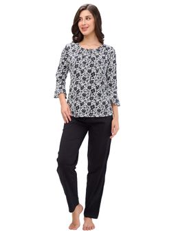 Juliet - Womens Printed Premium Cotton T-Shirt with Pyjama - White and Black (Set of 2)