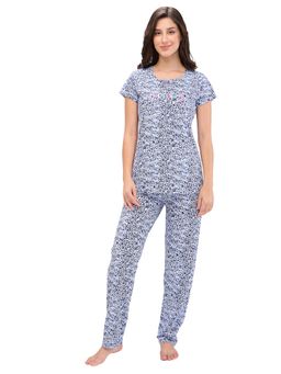 Juliet - Womens Printed Premium Cotton T-Shirt with Pyjama - Blue (Set of 2)