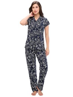 Juliet - Womens Printed Premium Cotton Shirt with Pyjama - Navy Blue (Set of 2)