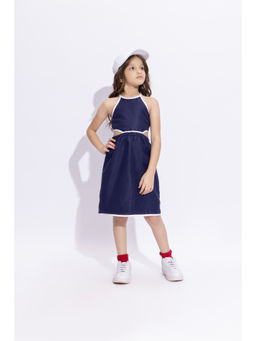 Taffy - Girls Navy Blue Solid Knee Length Dress