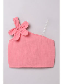 Taffy - Girls Peach Cotton Flower Detailed One Shoulder Top
