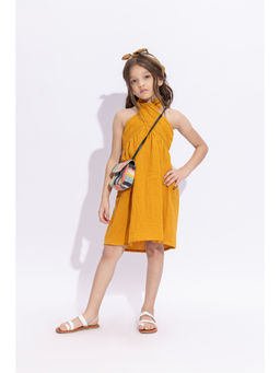 Taffy - Girls Mustard Cotton Sleeveless Detailed Halter Neck Dress