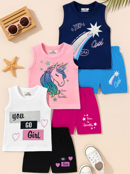 Kuchipoo - Girls Multi-Color Regular Fit Sleeveless T-Shirts with Shorts (Pack of 6)