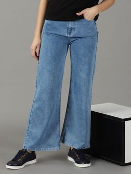 SHOWOFFFF - Women's Stretchable Clean Look Blue Wide Leg Jeans