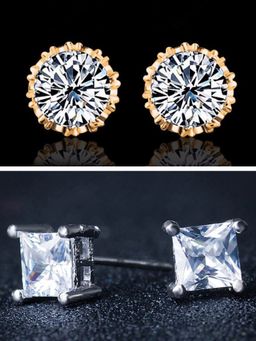 OOMPH - White Combo of 2 Gold & Silver Tone Round & Square Cubic Zirconia Ear Stud Earrings