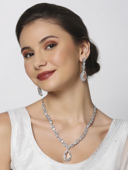 OOMPH - White Silver Tone American Diamond Tear Drop Pendant Necklace Set with Drop Earrings