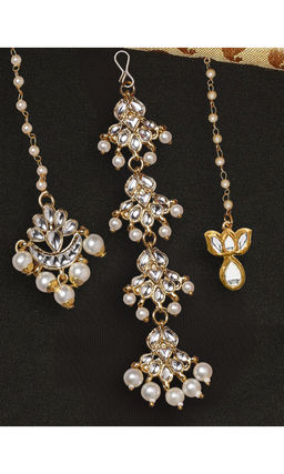 OOMPH - White Combo of 3 Gold Tone Kundan & Pearls Floral Wedding Delicate Maang Tikka