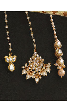 OOMPH - White Combo of 3 Gold Tone Kundan & Pearls Floral Wedding Delicate Maang Tikka