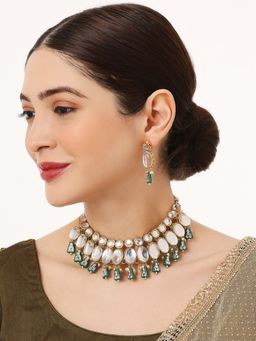 OOMPH - Green Beads Kundan Heavy Ethnic Jadau Choker Necklace Set with Drop Earrings