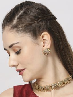 OOMPH - Antique Gold Tone Elephant Design Temple Choker Necklace Set with Stud Earrings