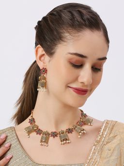 OOMPH - Red & Green Kempu Stones Elephant Temple Choker Necklace Set with Earrings