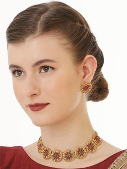 OOMPH - Antique Gold Tone Red & Green Stones Temple Jewellery Necklace Set with Earrings
