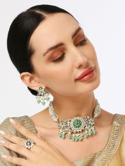 OOMPH - Green Beads & Kundan Multi Layer Choker Necklace Set with Drop Earrings & Ring