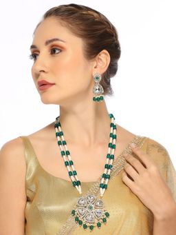 OOMPH - Green Long Mala Jadau Necklace Set - Kundan Studded with Earrings