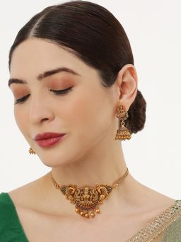 OOMPH - Antique Gold Tone Red & Green Stone & Beads Choker Necklace Set with Earrings