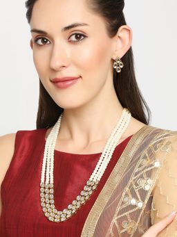 OOMPH - White Pearls & Kundan Ethnic Mala Long Necklace Set with Drop Earrings