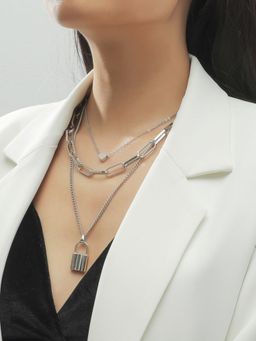 OOMPH - Silver Tone Link Chain Heart & Lock Multi Layer Necklace