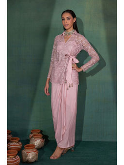 SEW - Metallic Pink Jacket with Lehenga and Crop Top (Set of 3)