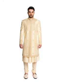 Arjun Kilachand - Beige Beads All Over Motifs Sherwani with Kurta and Churidar (Set of 3)