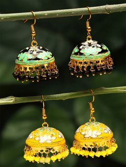 Yellow Chimes - Set of 2 pair Gold-Plated Meenakari Jhumka Earrings