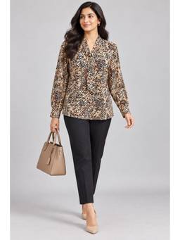 Twenty Dresses by Nykaa Fashion - Women Beige Animal Print Tie-Neck Full Sleeve Top