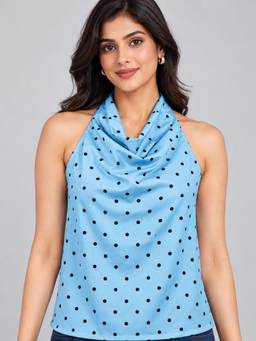 Twenty Dresses by Nykaa Fashion - Women Blue Polka Dot Cowl Neck Sleeveless Top