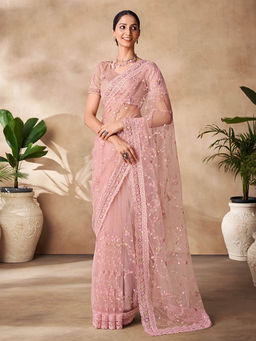 Odette - Womens Pink Net Embroidered Saree with Unstitched Blouse