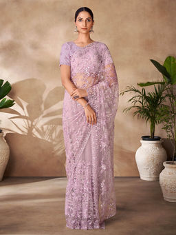 Odette - Womens Purple Net Embroidered Saree with Unstitched Blouse