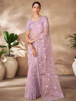 Odette - Womens Purple Net Embroidered Saree with Unstitched Blouse