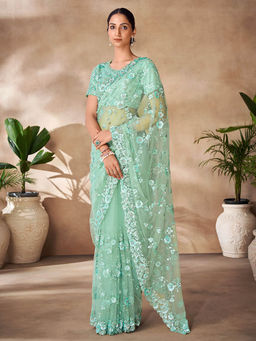 Odette - Womens Green Net Embroidered Saree with Unstitched Blouse