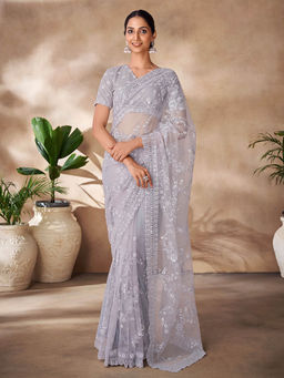 Odette - Womens Grey Net Embroidered Saree with Unstitched Blouse