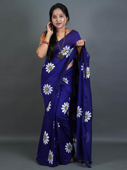 Odette - Womens Blue Printed Cotton Saree with Unstitched Blouse