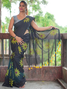 Odette - Womens Black Printed Cotton Saree with Unstitched Blouse