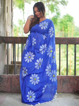 Odette - Womens Blue Printed Cotton Saree with Unstitched Blouse