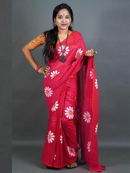 Odette - Womens Pink Printed Cotton Saree with Unstitched Blouse