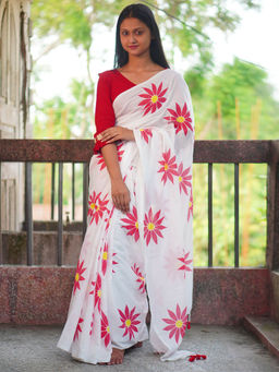 Odette - Womens White Printed Cotton Saree with Unstitched Blouse