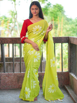 Odette - Womens Yellow Printed Cotton Saree with Unstitched Blouse