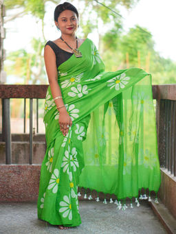 Odette - Womens Green Printed Cotton Saree with Unstitched Blouse