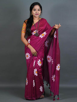 Odette - Womens Wine Printed Cotton Saree with Unstitched Blouse