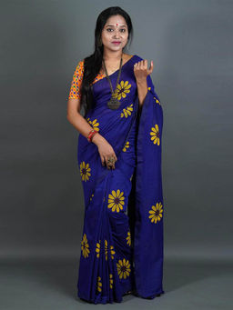 Odette - Womens Blue Printed Cotton Saree with Unstitched Blouse