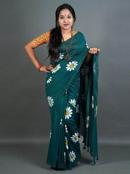 Odette - Womens Teal Printed Cotton Saree with Unstitched Blouse