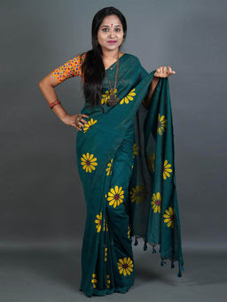 Odette - Womens Green Printed Cotton Saree with Unstitched Blouse